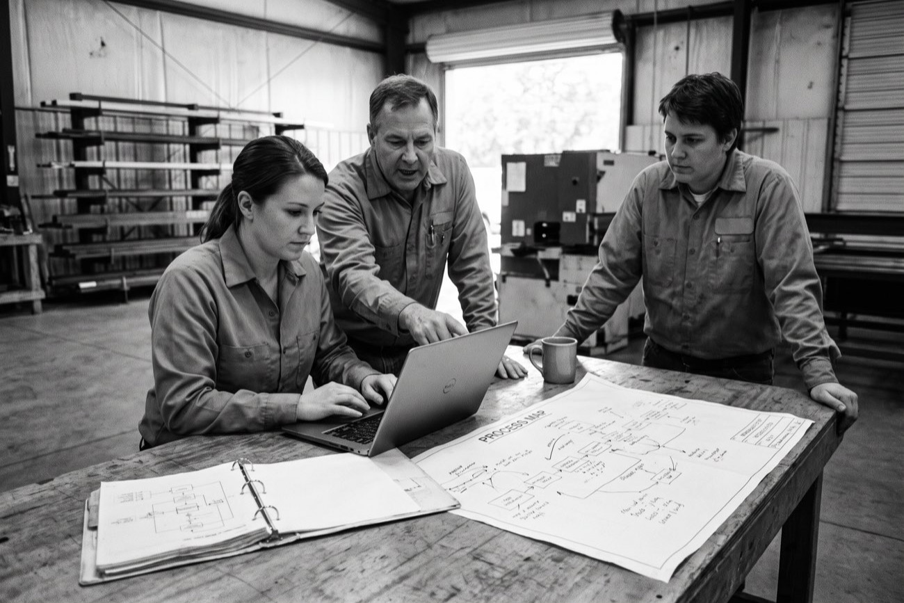An AI builder and two staff working together at a shop worktable, one leaning in to point at a laptop screen beside a large printed process map marked up by hand