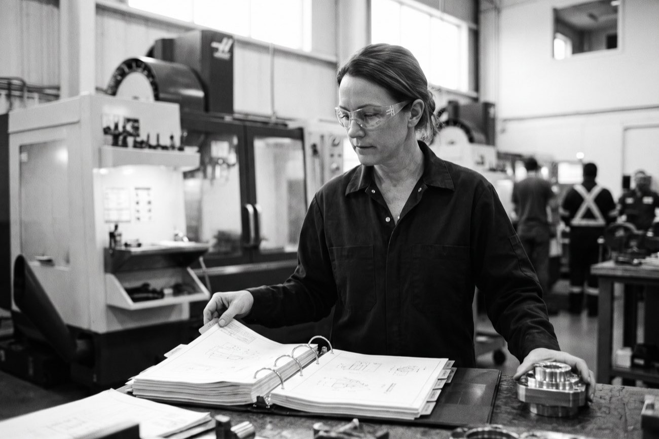 A quality engineer in safety glasses working through a tabbed specification binder at a bench beside a CNC machining center, a machined part under her hand