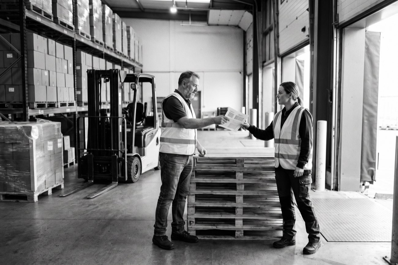 A warehouse worker handing a printed sheet to a colleague at the shipping dock, pallet racking and a forklift behind them