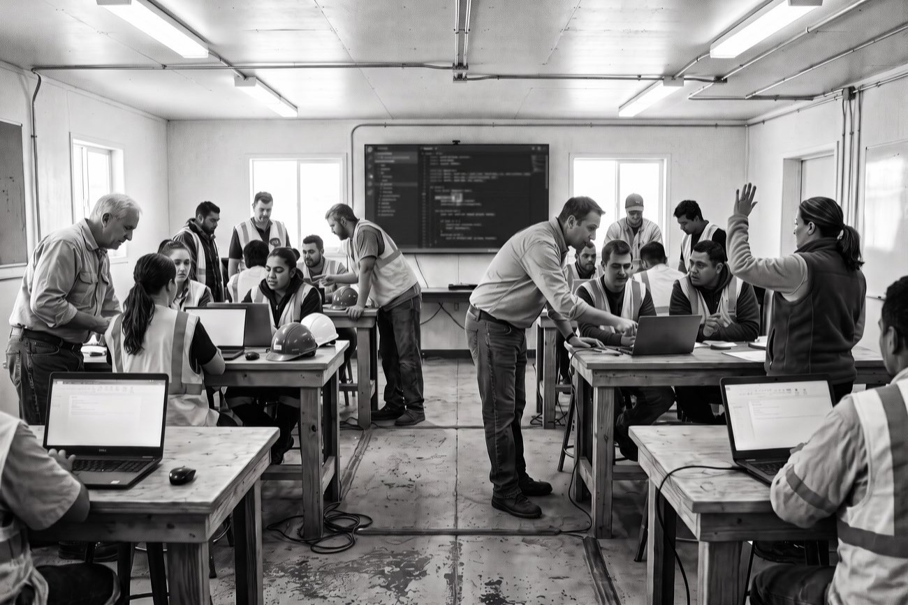 A hands-on AI training workshop inside an industrial company: staff in work shirts and high-visibility vests work in small groups on laptops with hard hats set down on the tables, one person with a hand raised and another leaning across to see a neighbor's screen, while the instructor bends over one group's laptop to explain something. A large display behind them shows an AI coding assistant running