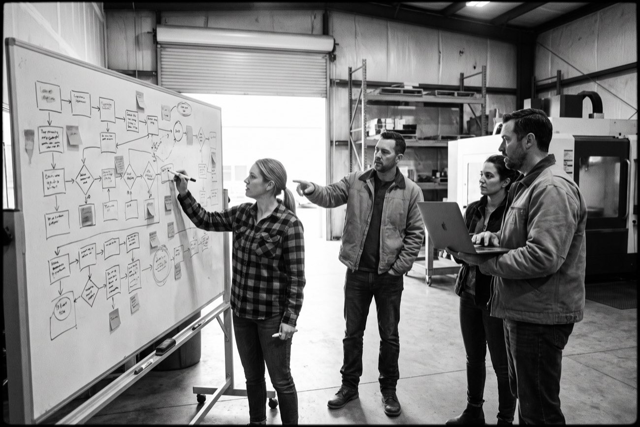 A small group working through one of their own processes at a whiteboard inside an industrial building: a woman in a work shirt adds another step with a marker while a colleague points at part of the map and two others look on, one holding a laptop. The board is densely covered with a hand-drawn process map of boxes, decision points, sticky notes and loop-backs, several steps ringed where AI could take work off them