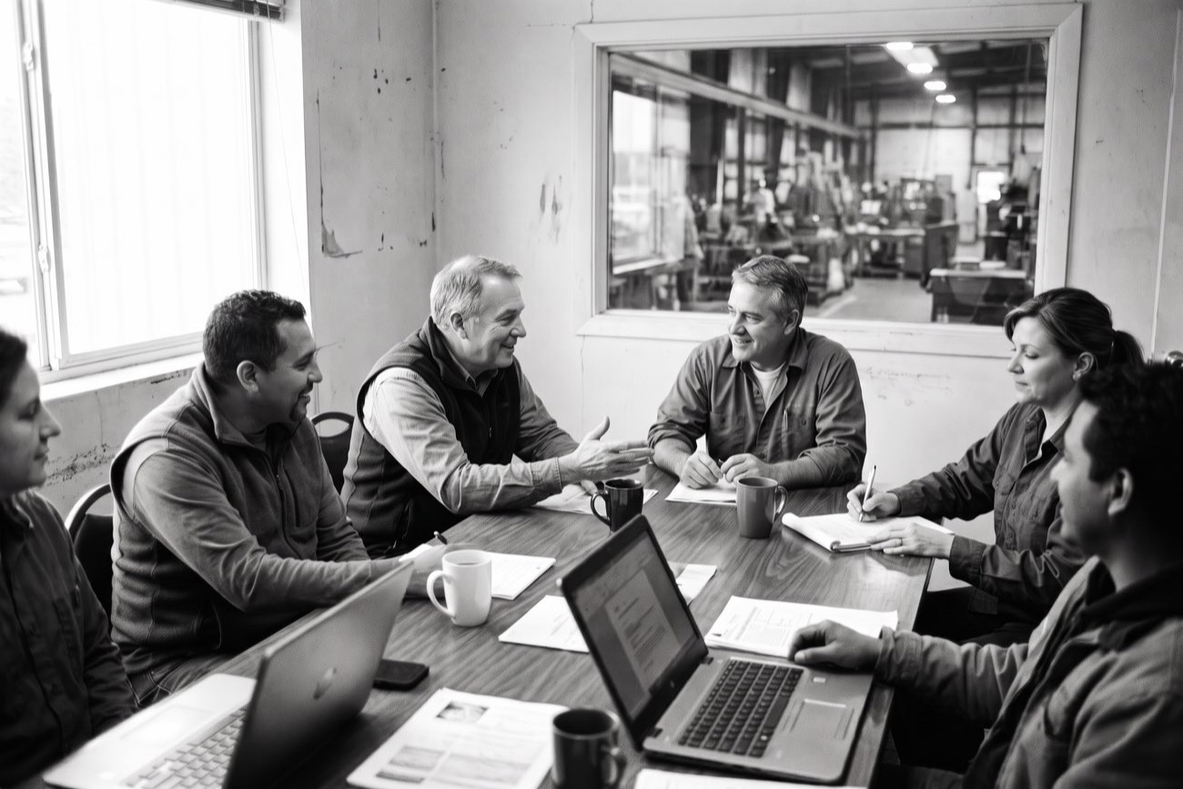 A monthly peer group of industrial business owners and managers around one table in a plain meeting room, two of them mid-exchange while others listen and take notes, coffee cups and notebooks between them and a working shop floor visible through the interior window behind