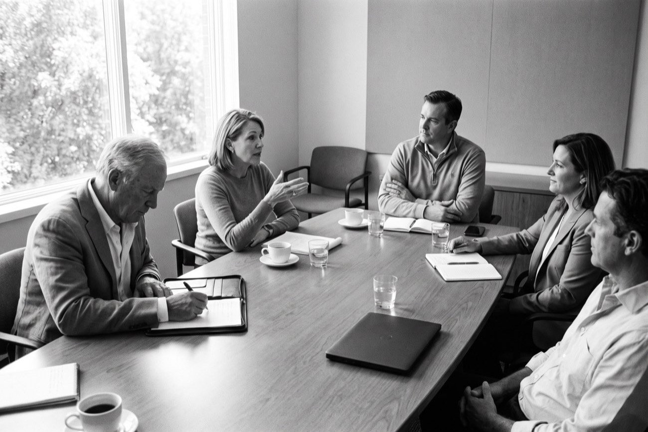 An early-morning peer group of executives around a conference table, one making a point with her hand raised while others listen and one takes notes, coffee cups and notebooks between them and bright daylight through the window behind
